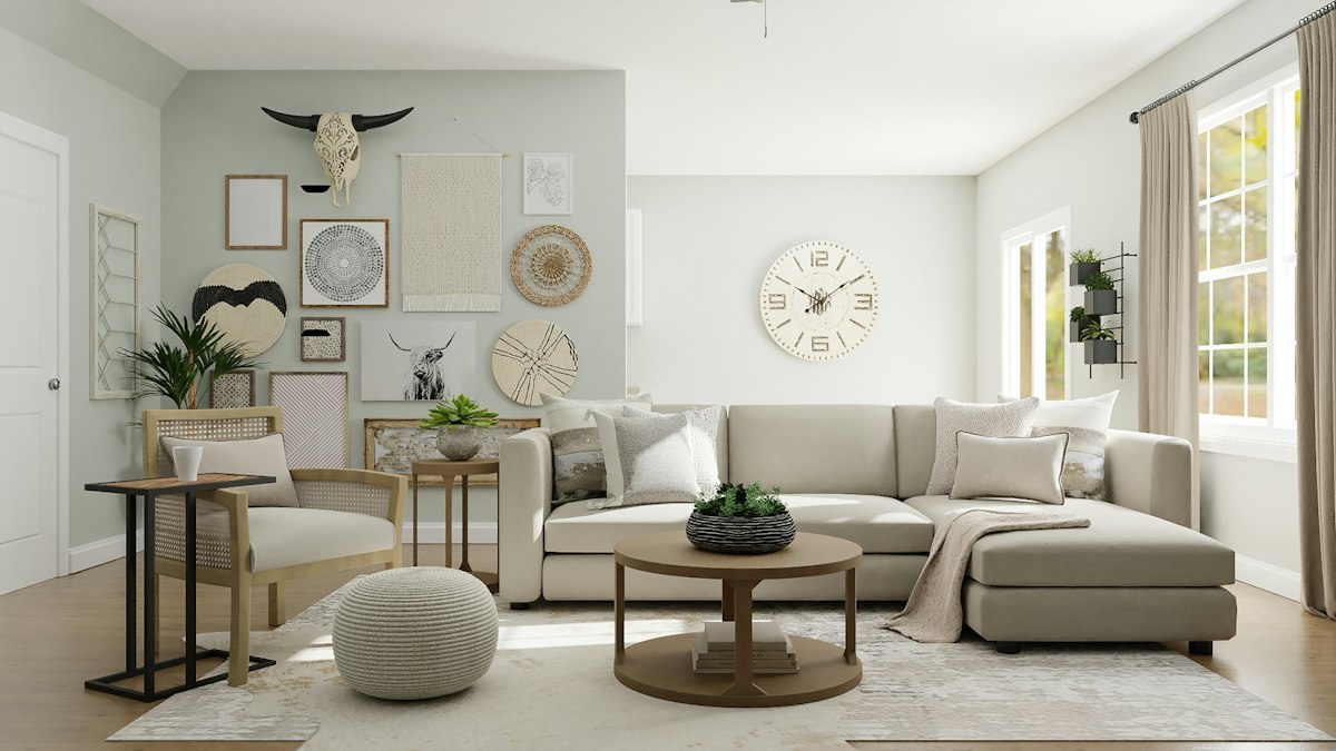 Warm minimal living room with boucle sofa